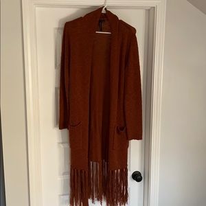 Rust open knit fringe cardigan